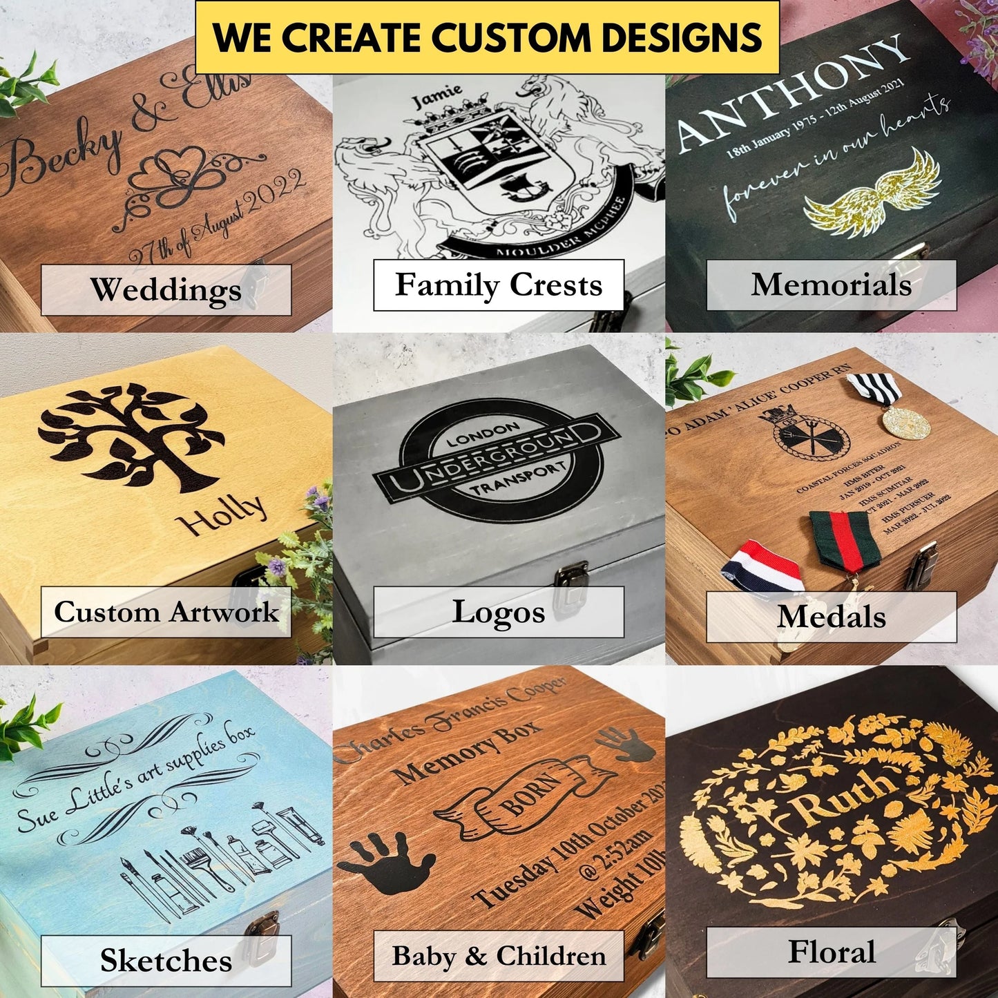 Engraved Monogram Initial Keepsake Box - Personalised Wooden Memory Box with Floral Design | 6 Sizes Small to XLarge