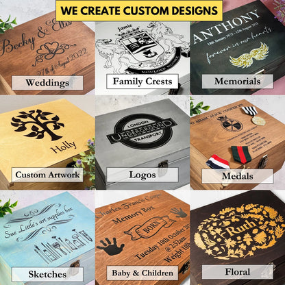 Engraved Monogram Initial Keepsake Box - Personalised Wooden Memory Box with Floral Design | 6 Sizes Small to XLarge