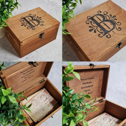Engraved Monogram Initial Keepsake Box - Personalised Wooden Memory Box with Floral Design | 6 Sizes Small to XLarge